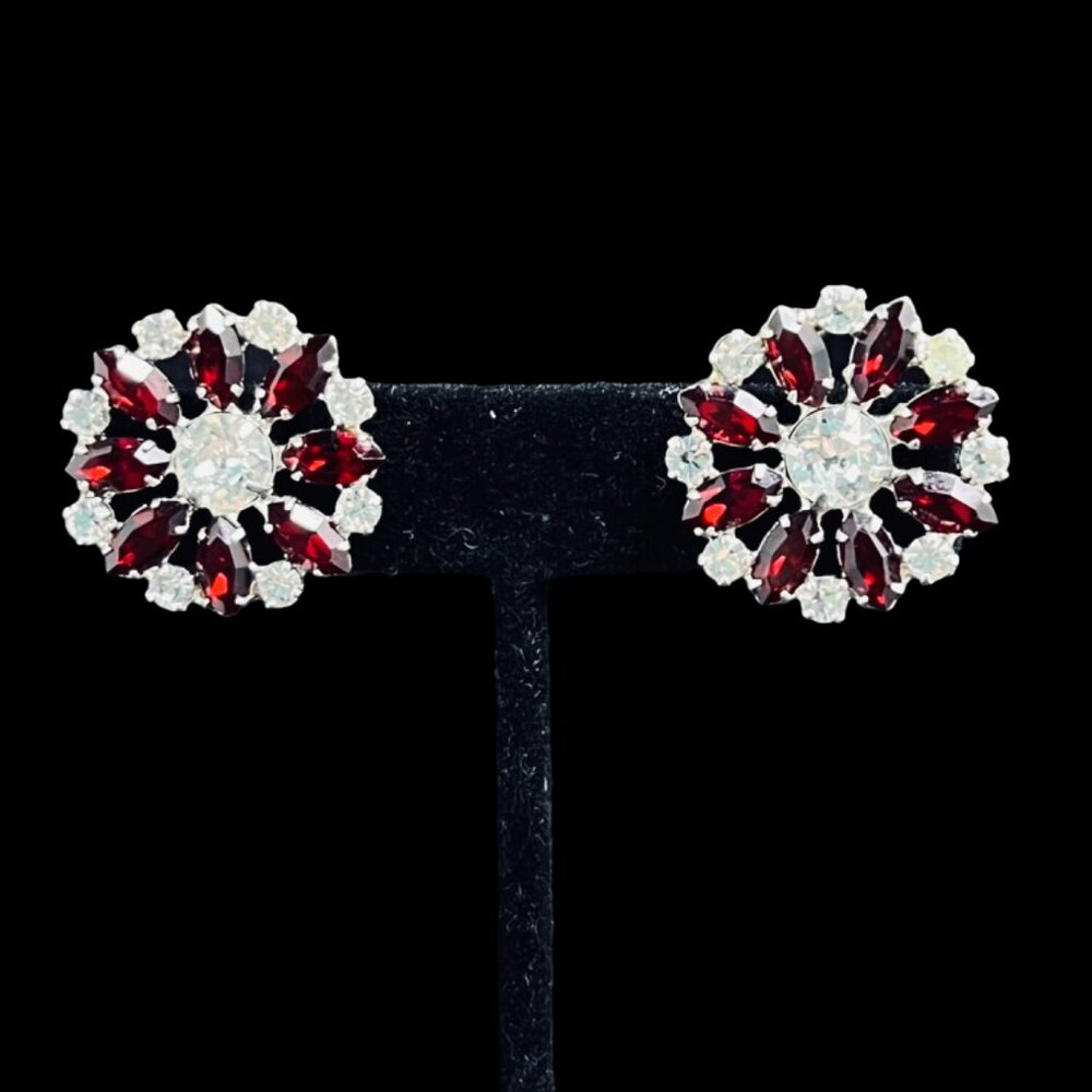 B. David Silver Tone With Red And Clear Glass Rhinestone Clip On Earrings (5263)